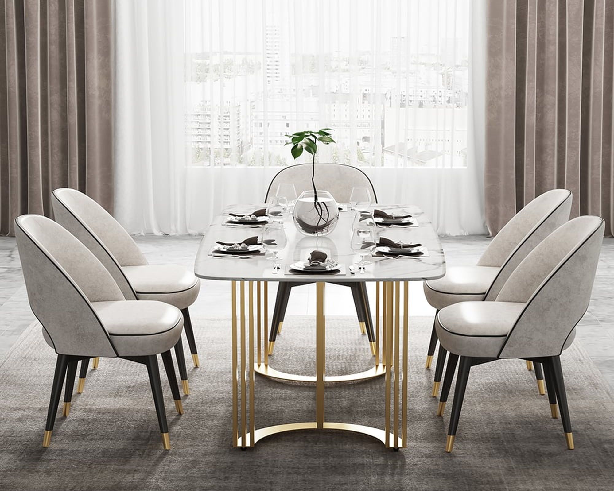 HMR Modern 79" Rectangle Dining Table for 4-6 People - Gold/White, Faux Marble