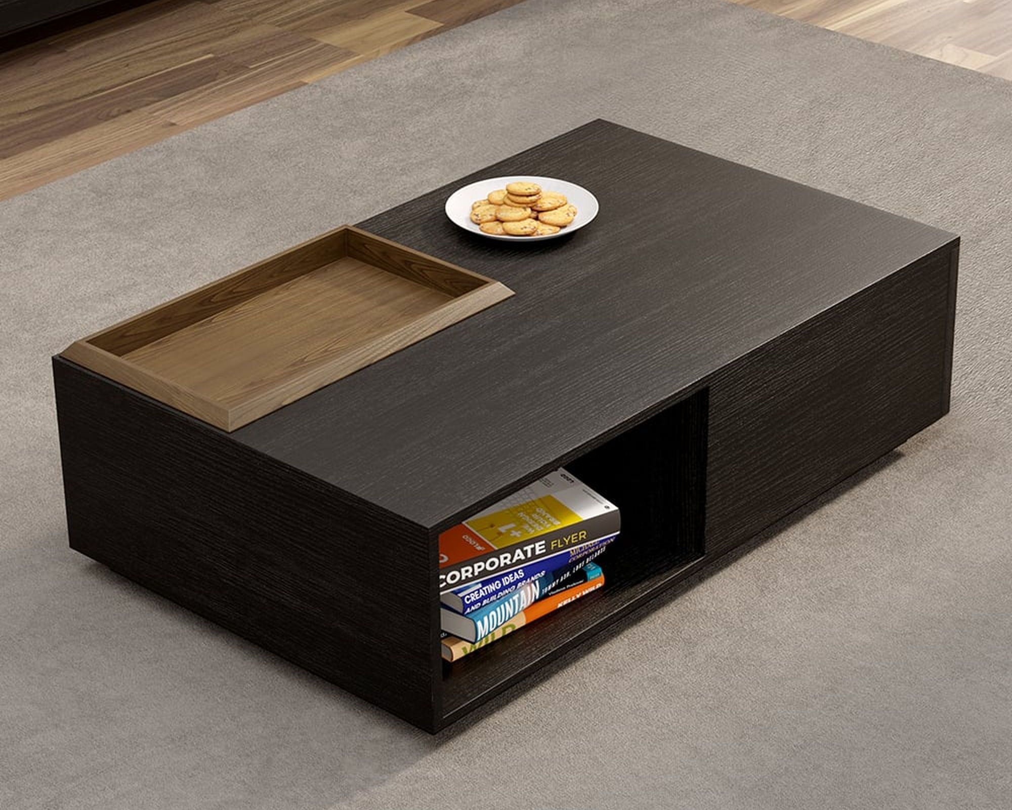 HMR - Rectangular Wood Coffee Table with Drawer and Removable Tray Top in Black and Walnut