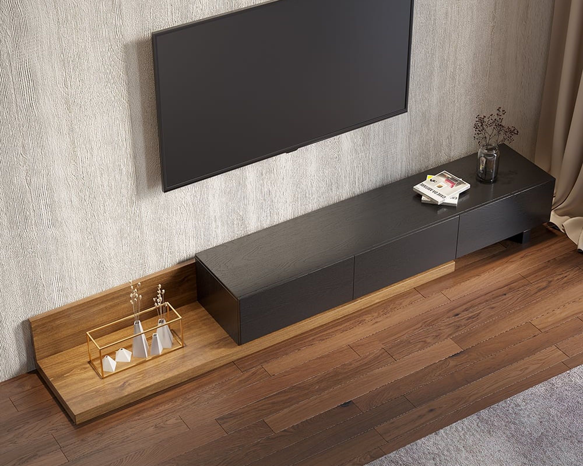 HMR Extendable Floor TV Stand with 3 Drawers (71"-120") - Black & Walnut