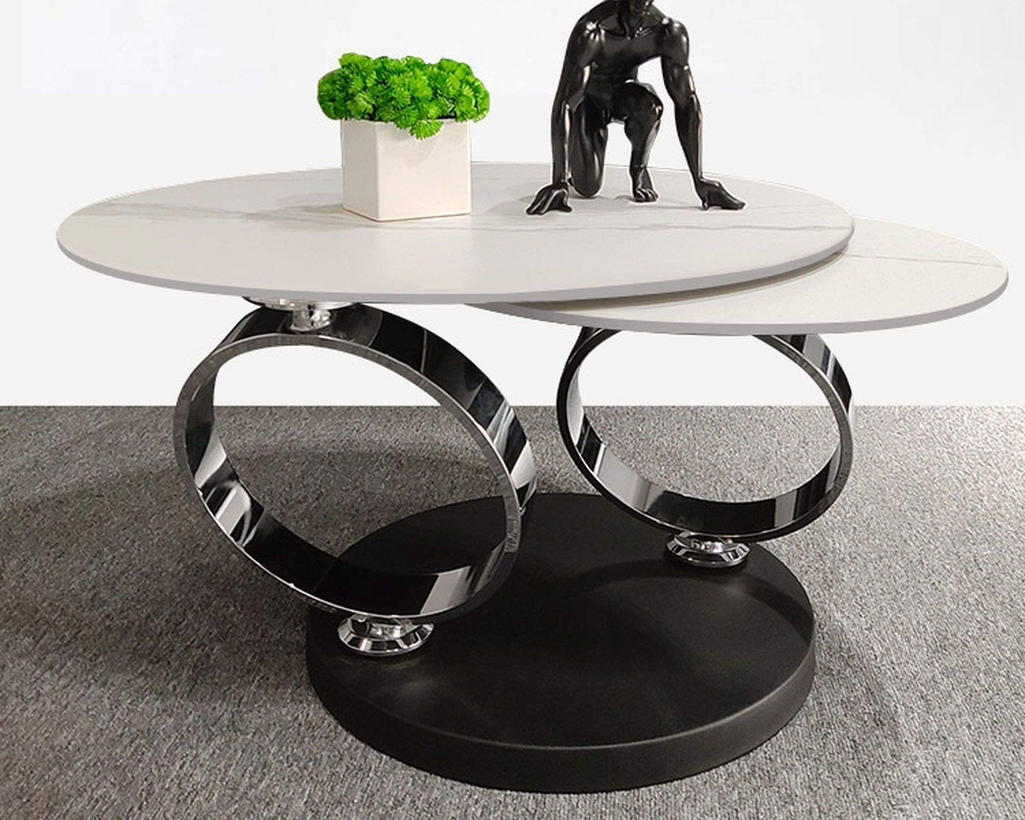 HMR Modern Extendable Coffee Table with Ring-Shaped Metal Pedestal - Chrome