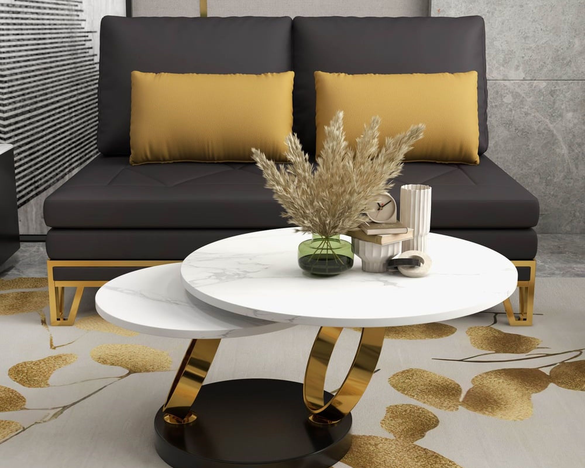 HMR Modern Extendable Coffee Table with Ring-Shaped Metal Pedestal - Gold