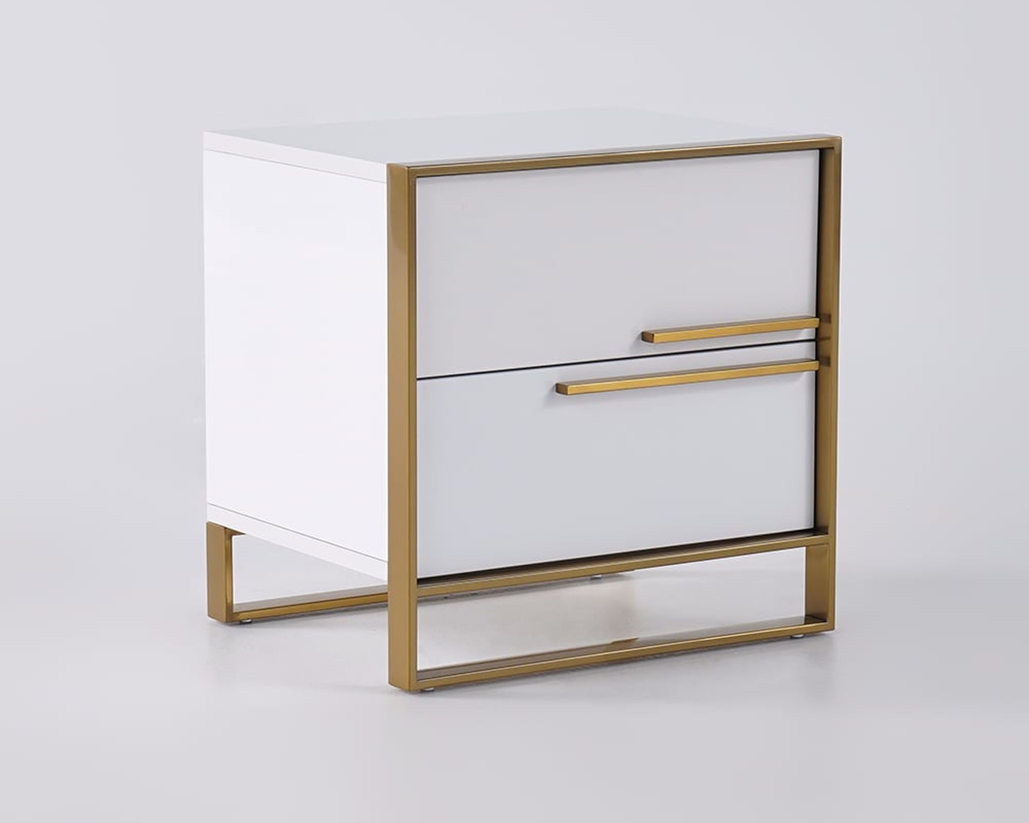 HMR Cylina Series Modern Square Nightstand with 2 Drawers - White/Gold, Right Hand