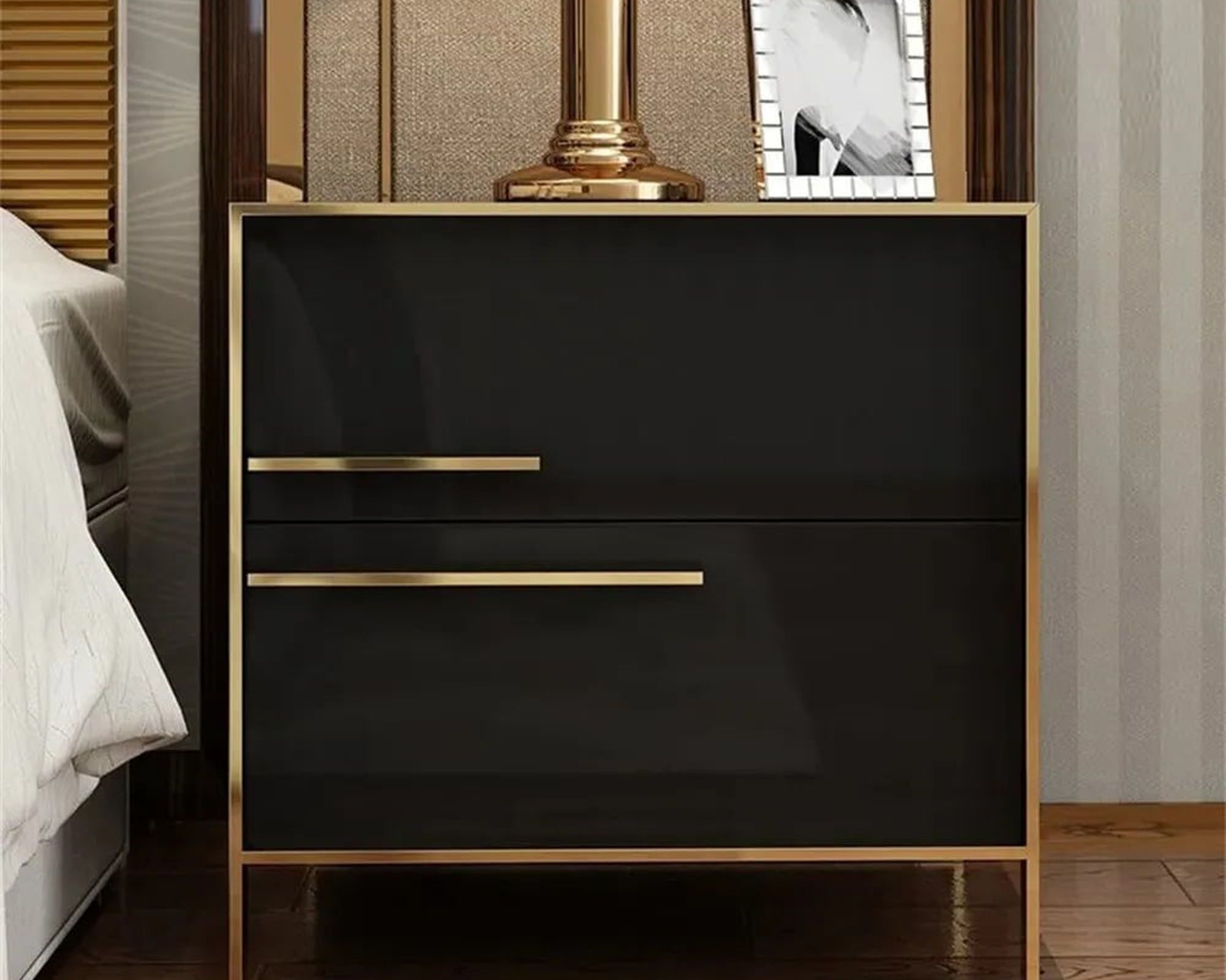 HMR Cylina Series Modern Square Nightstand with 2 Drawers - Black/Gold, Left Hand