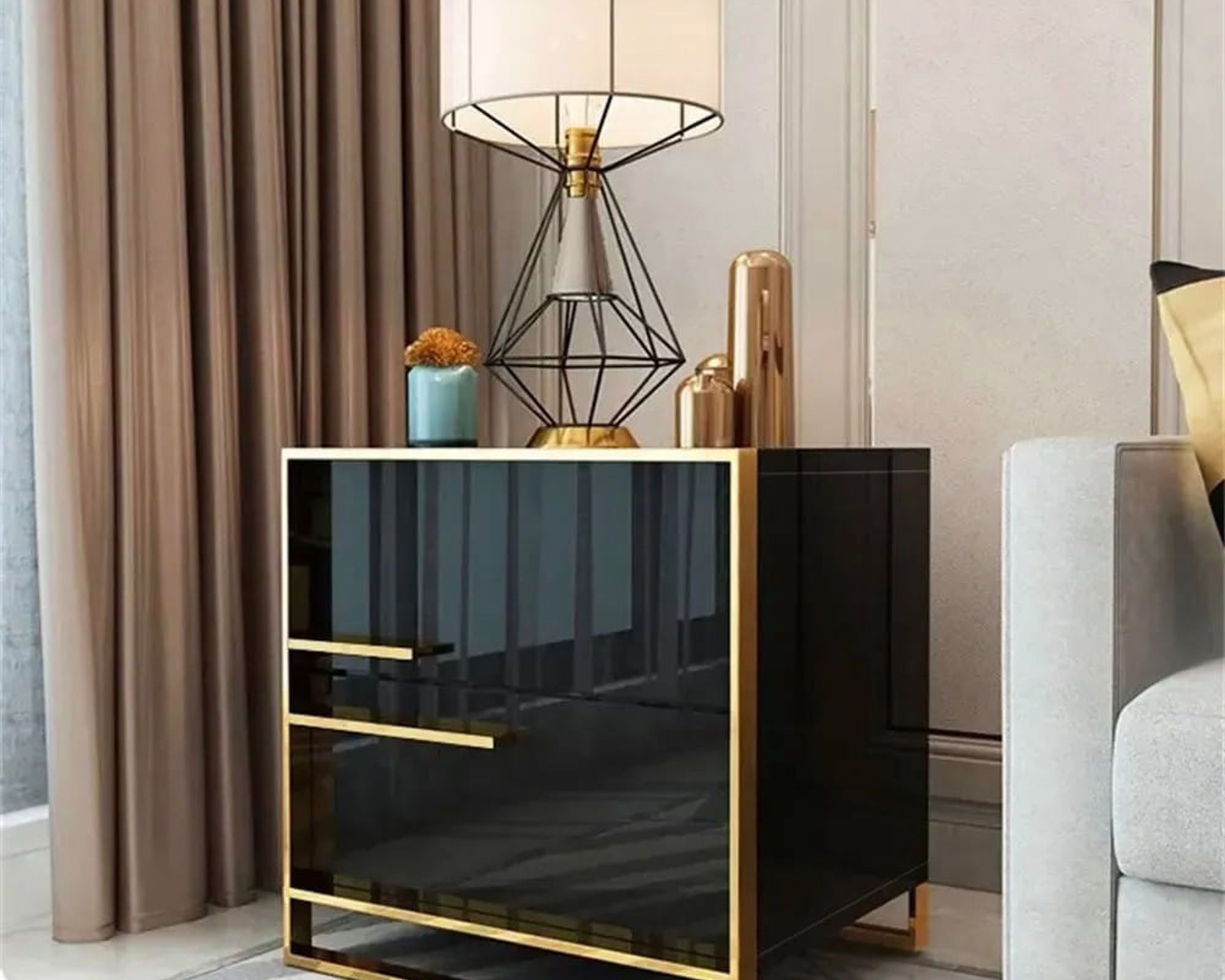 HMR Cylina Series Modern Square Nightstand with 2 Drawers - Black/Gold, Left Hand