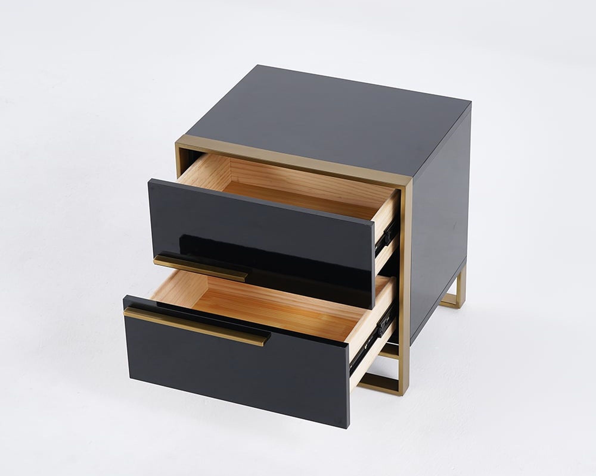 HMR Cylina Series Modern Square Nightstand with 2 Drawers - Black/Gold, Left Hand