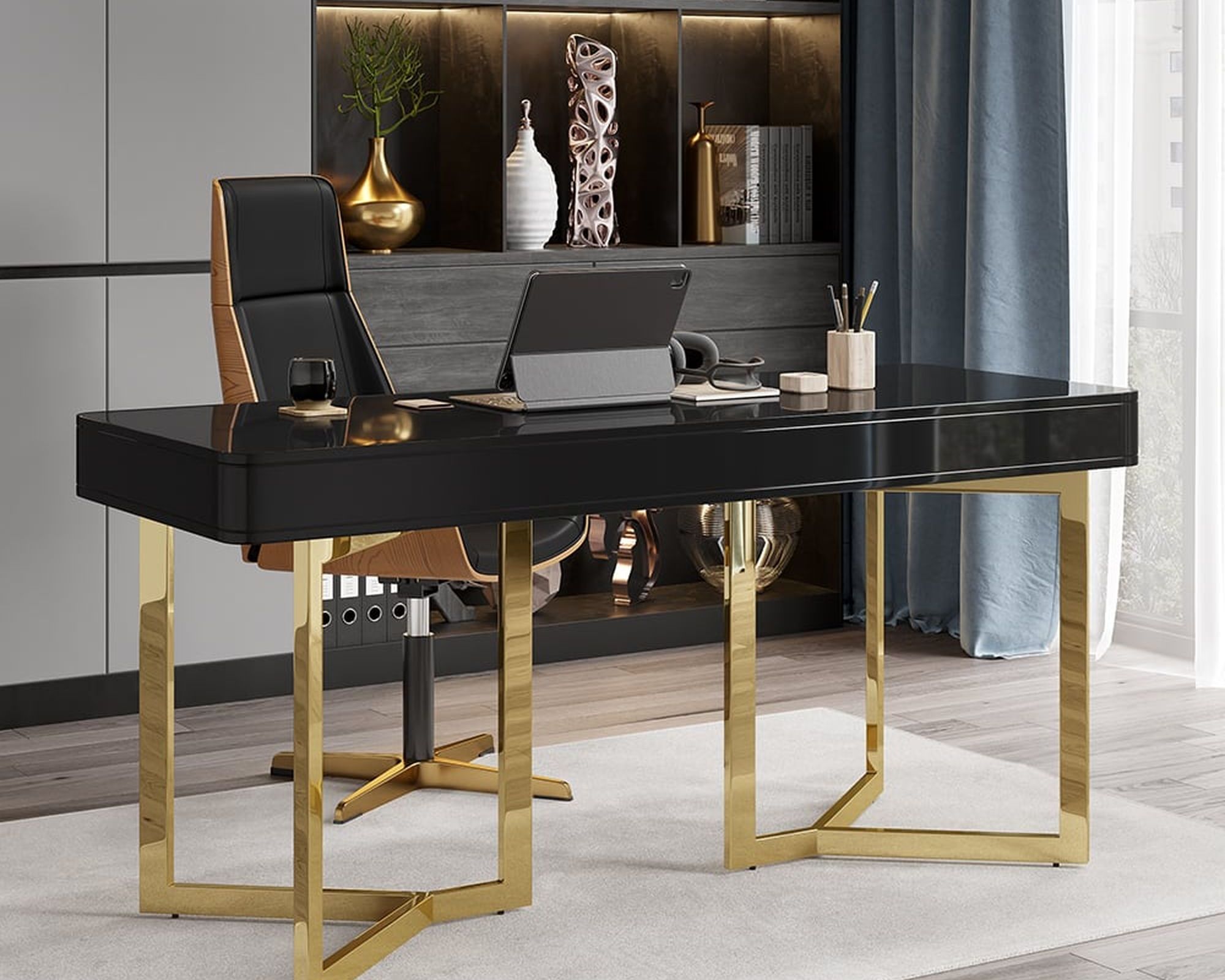 HMR Modern 55" Office Desk with Gold Tripod Base