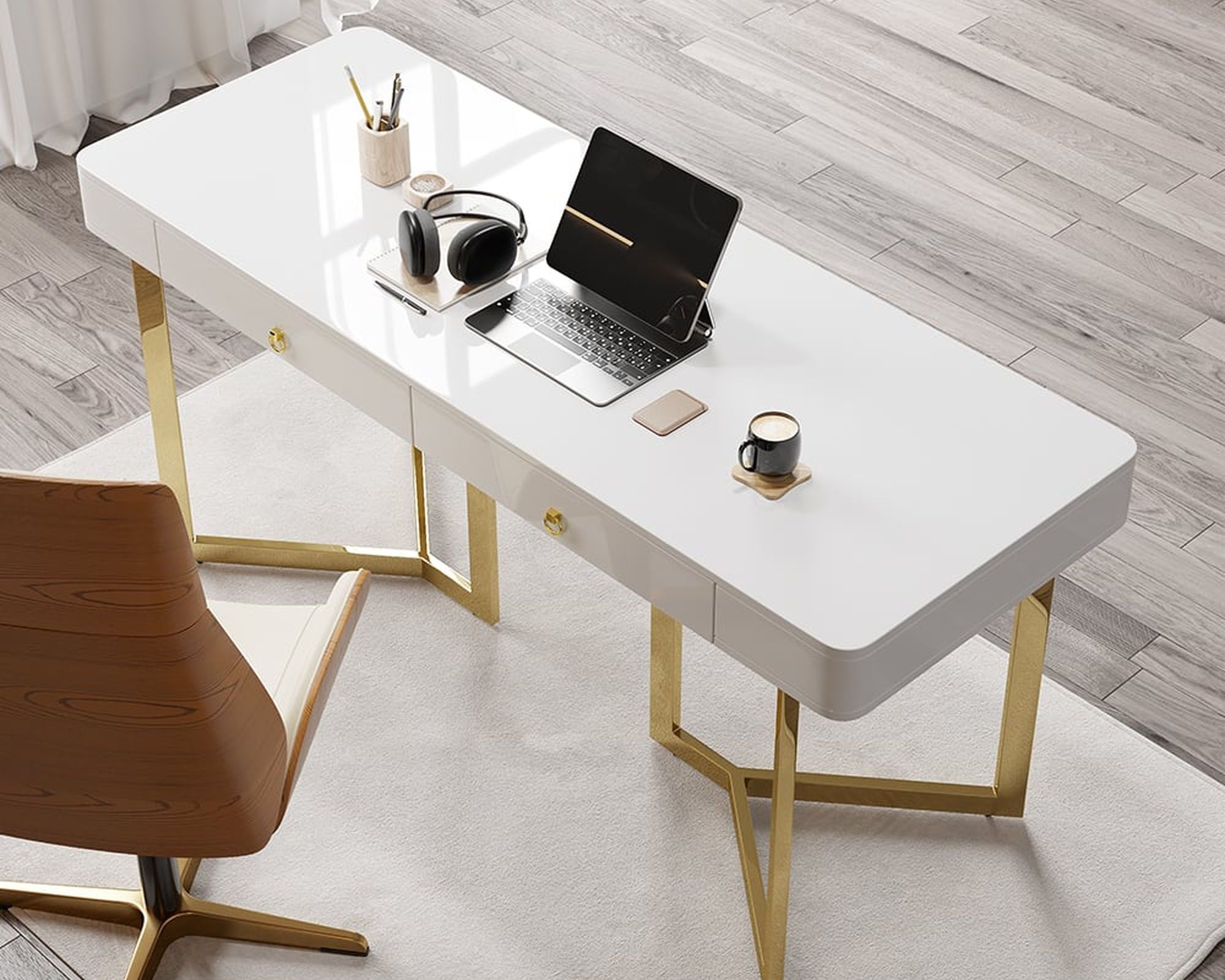 HMR Modern 63" Office Desk with Gold Tripod Base - White, Stainless Steel