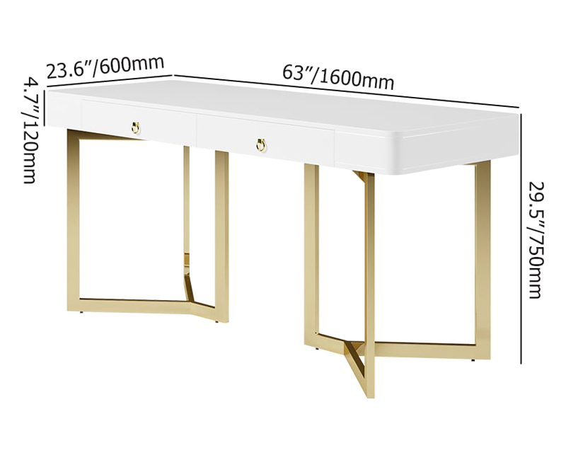 HMR Modern 63" Office Desk with Gold Tripod Base - White, Stainless Steel