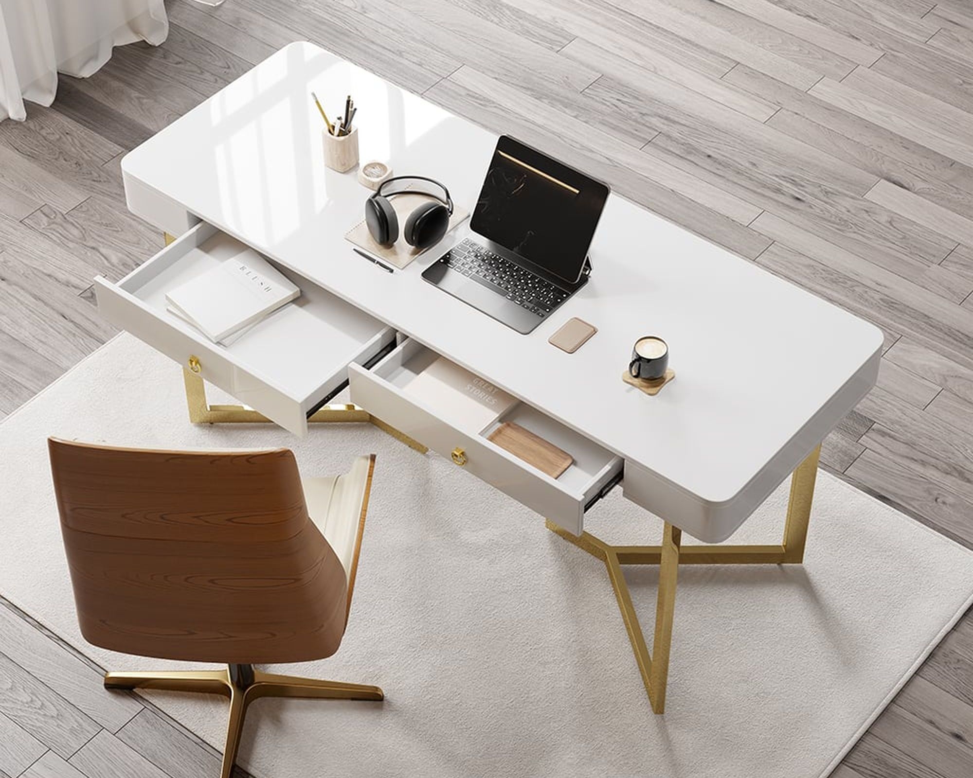 HMR Modern 63" Office Desk with Gold Tripod Base - White, Stainless Steel