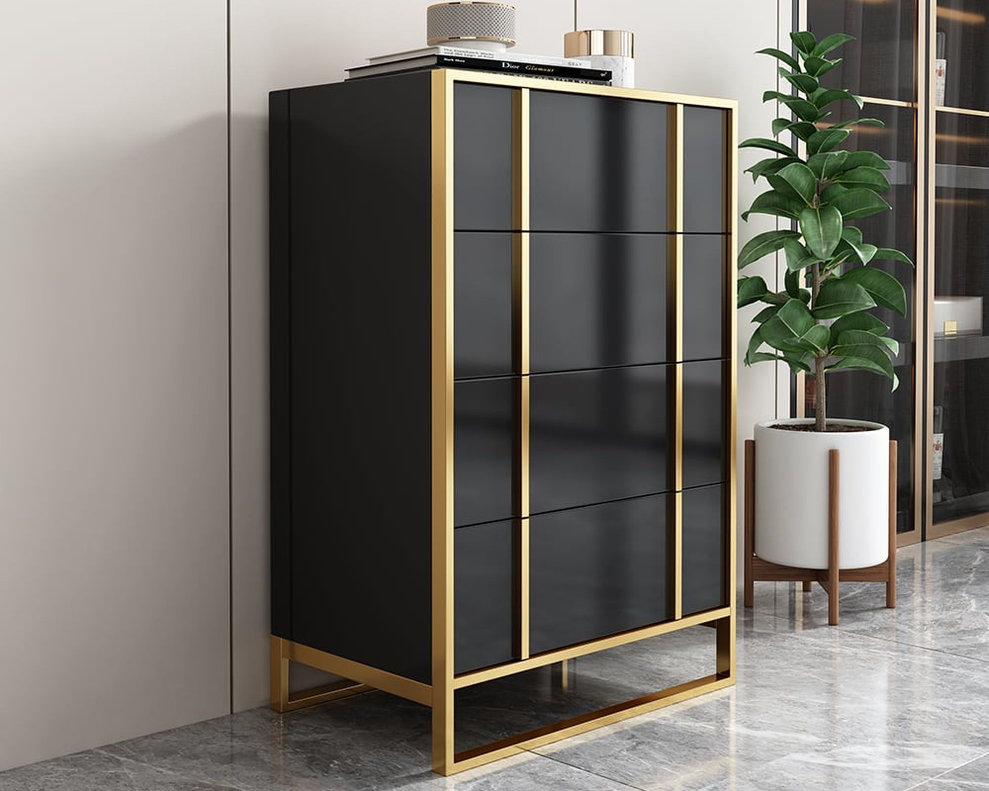 HMR Rimh Series Modern Chest with 4 Drawers - Gold/Black