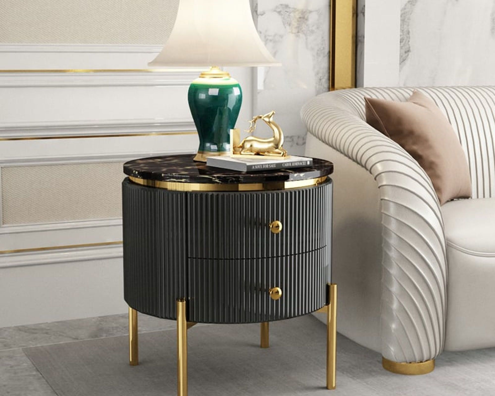 HMR Yelly Series 21" Round Side Table with Storage - Gold/Black, Faux Marble