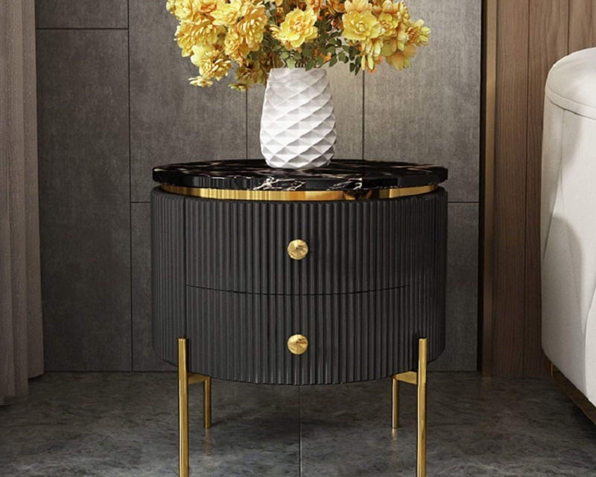 HMR Yelly Series 21" Round Side Table with Storage - Gold/Black, Faux Marble