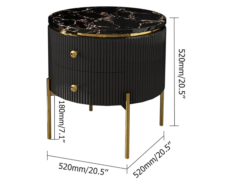 HMR Yelly Series 21" Round Side Table with Storage - Gold/Black, Faux Marble