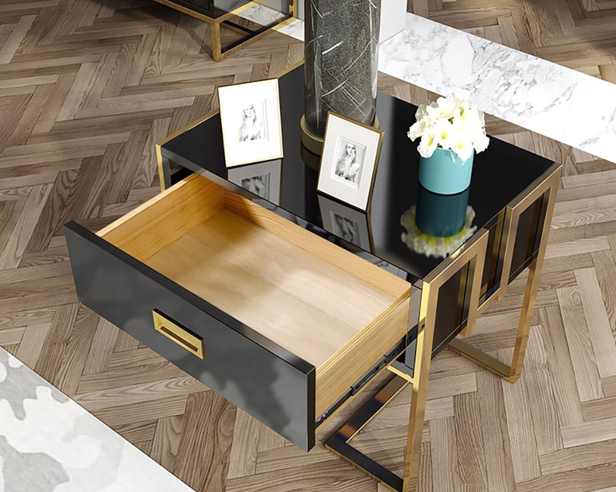 HMR Jocise Series Modern End Table with 1 Drawer & Golden Double Pedestal - Black