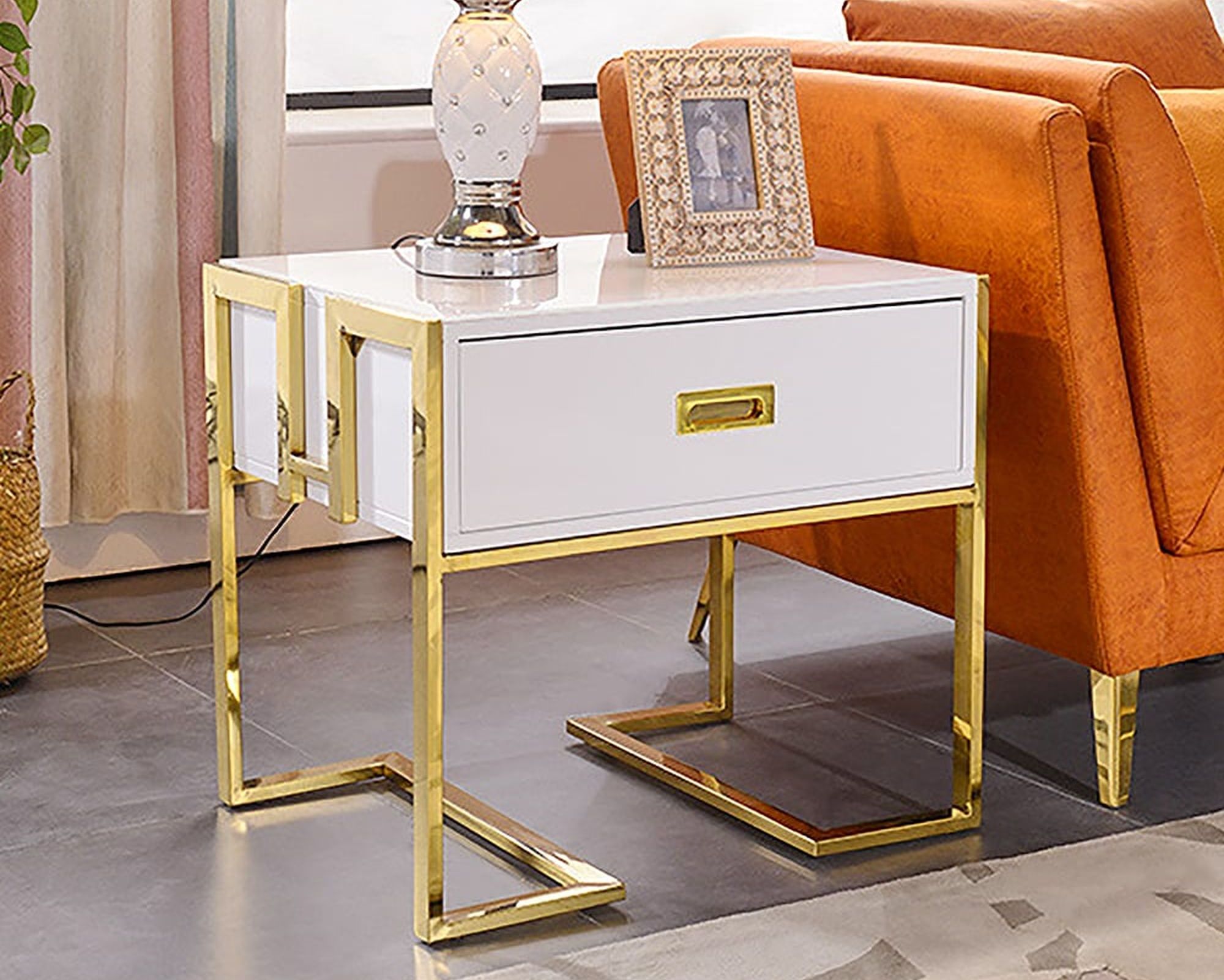 HMR Jocise Series Modern End Table with 1 Drawer & Golden Double Pedestal - White