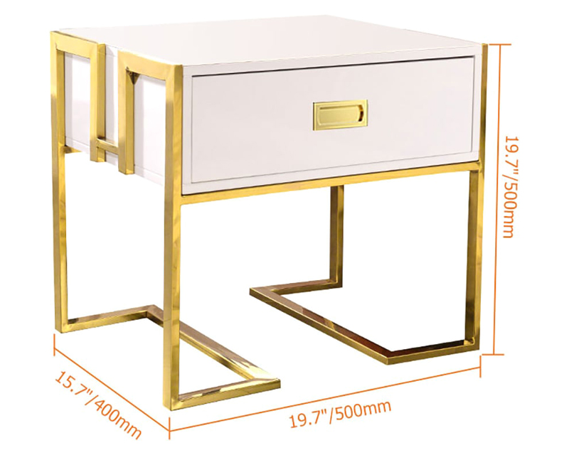 HMR Jocise Series Modern End Table with 1 Drawer & Golden Double Pedestal - White