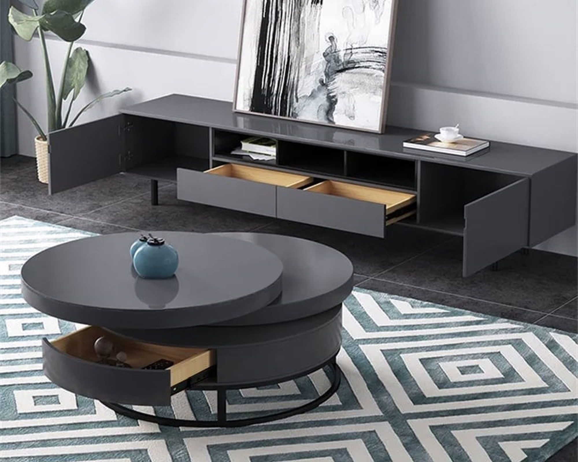 HMR Modern Round Swivel Coffee Table with Storage - Gray