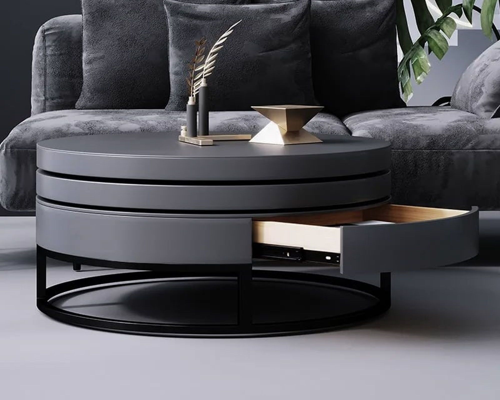 HMR Modern Round Swivel Coffee Table with Storage - Gray