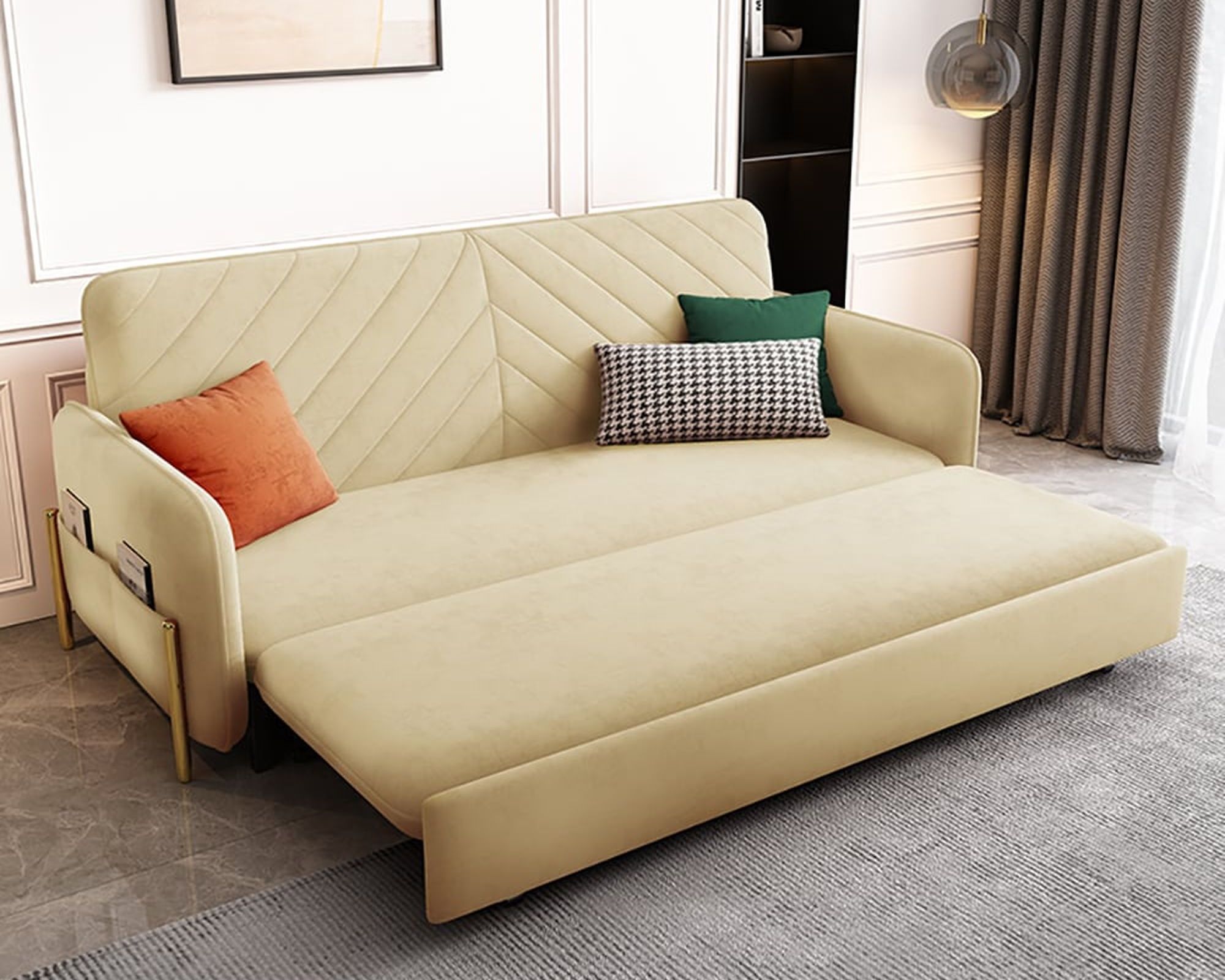 HMR King 3-Seater Sleeper Sofa - Beige, Velvet