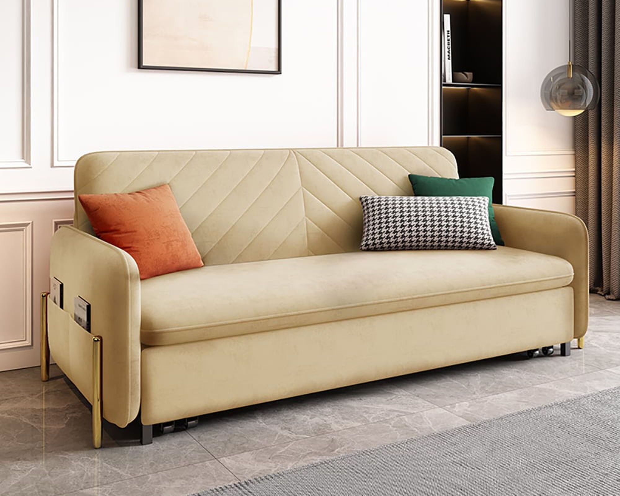 HMR Full 2-Seater Sleeper Sofa - Beige, Velvet