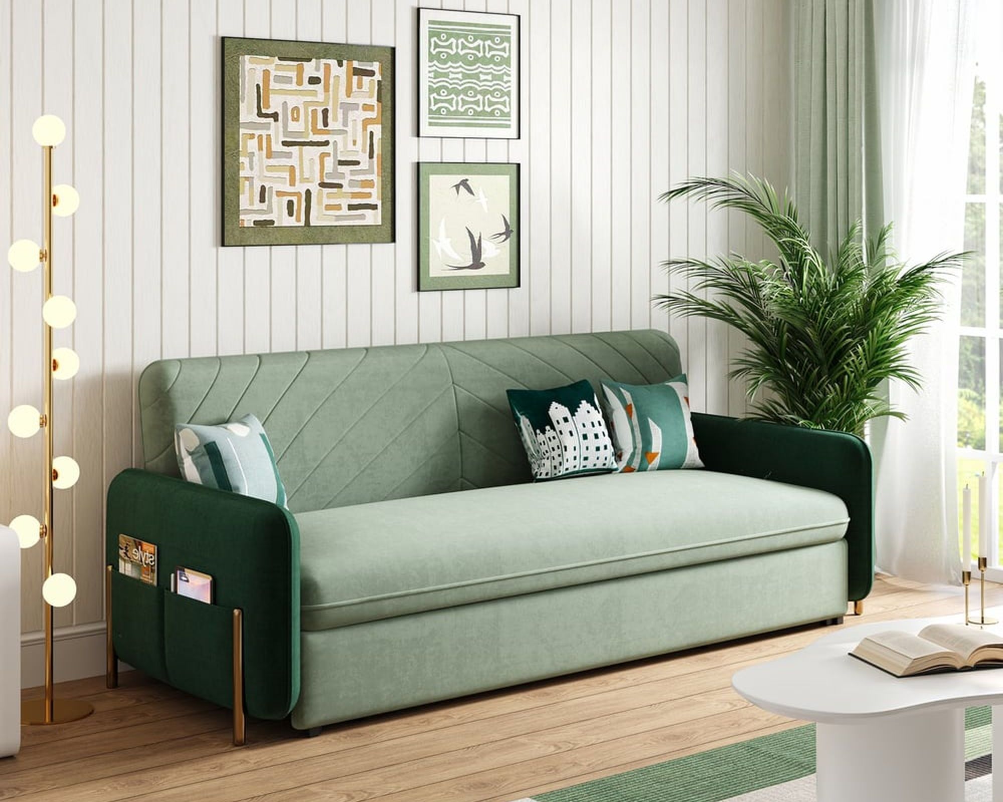 HMR King 3-Seater Sleeper Sofa - Green/Gold, Velvet