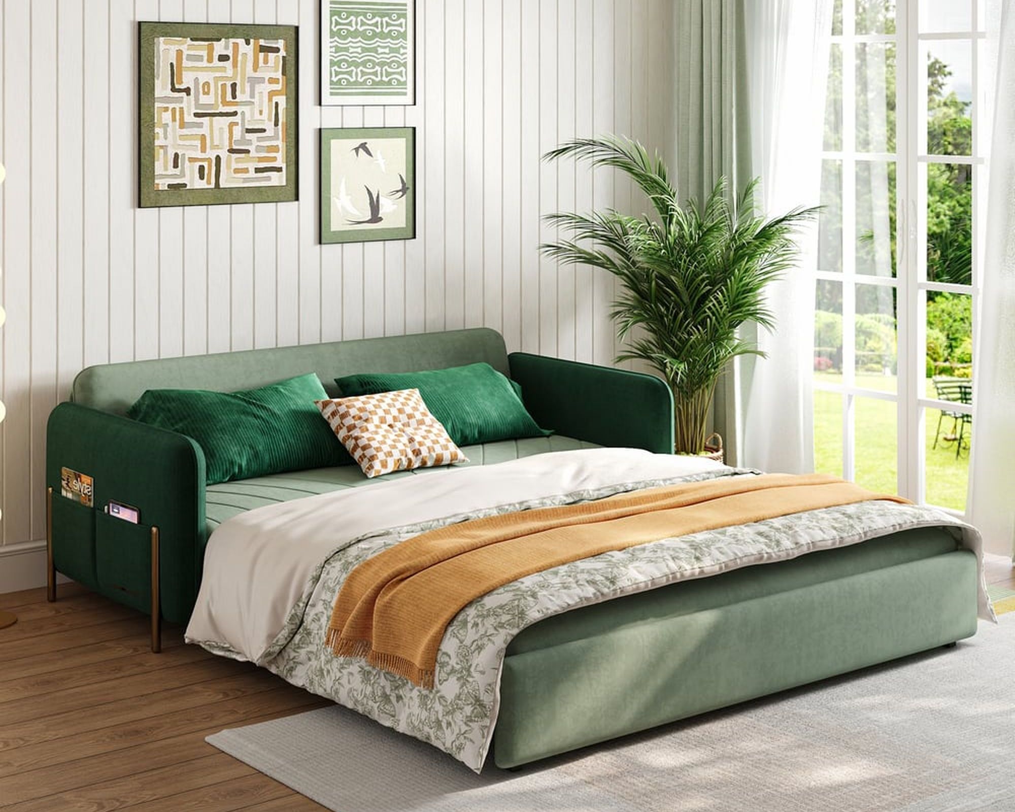 HMR King 3-Seater Sleeper Sofa - Green/Gold, Velvet