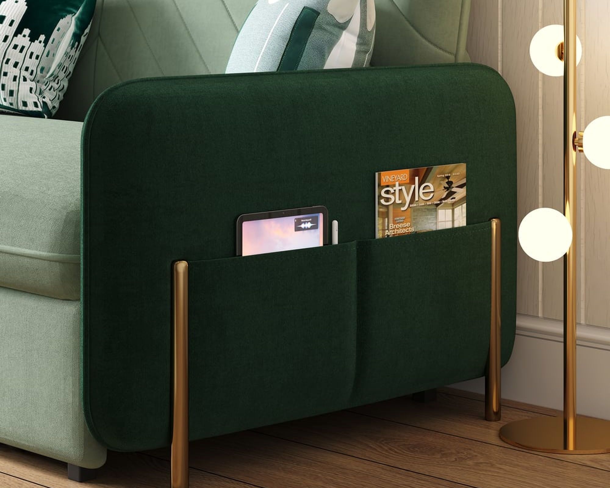 HMR King 3-Seater Sleeper Sofa - Green/Gold, Velvet