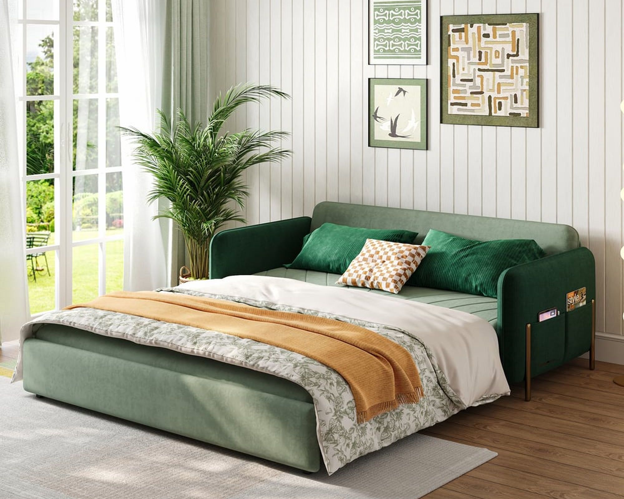 HMR Full 2-Seater Sleeper Sofa - Green/Gold, Velvet