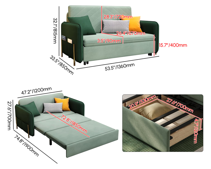 HMR Full 2-Seater Sleeper Sofa - Green/Gold, Velvet