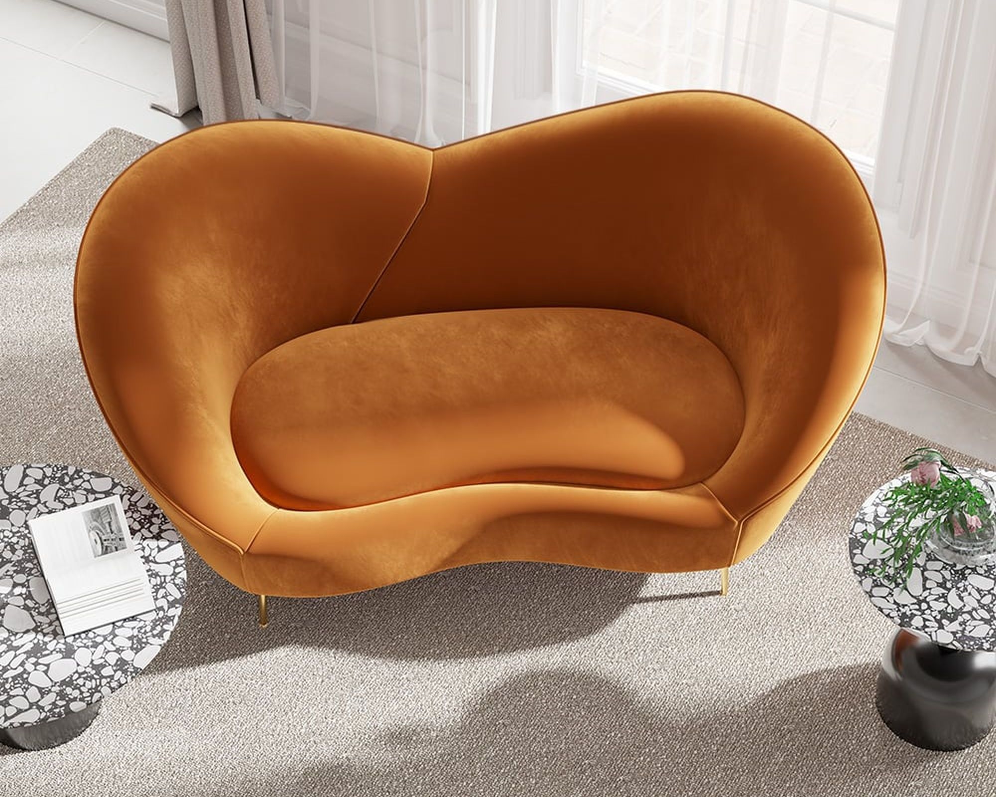 HMR Modern 93" 2-Seater Curved Sofa with Velvet Upholstered - Orange