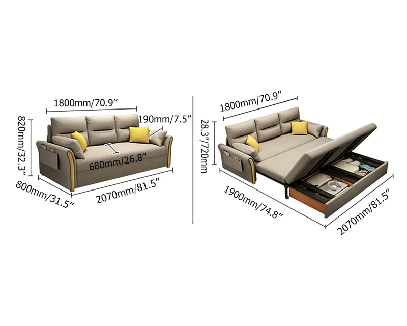 HMR King 3-Seater Convertible Sleeper Sofa - Khaki, Linen