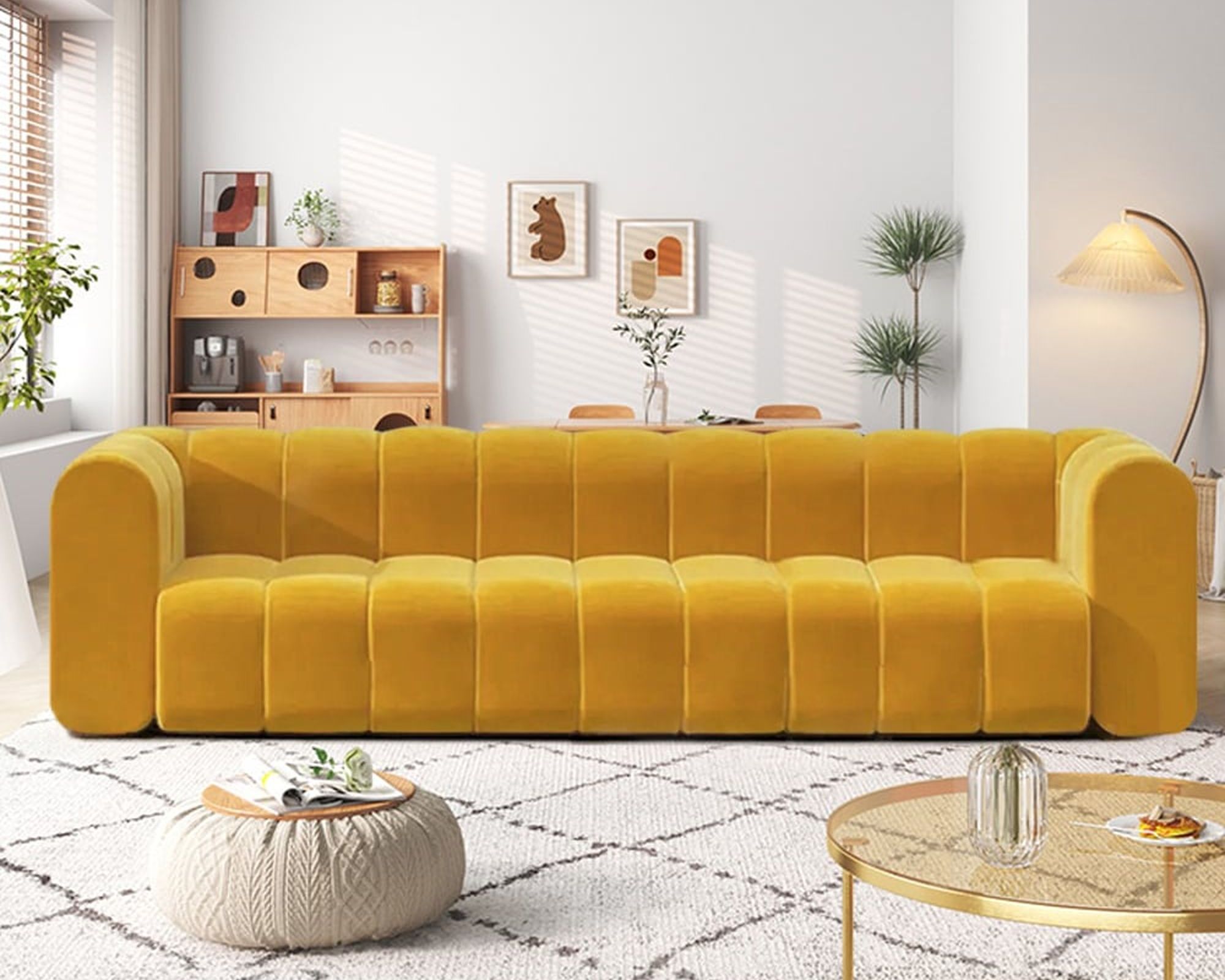 HMR Modern 3-Seater Sofa with Velvet Upholstered - Yellow