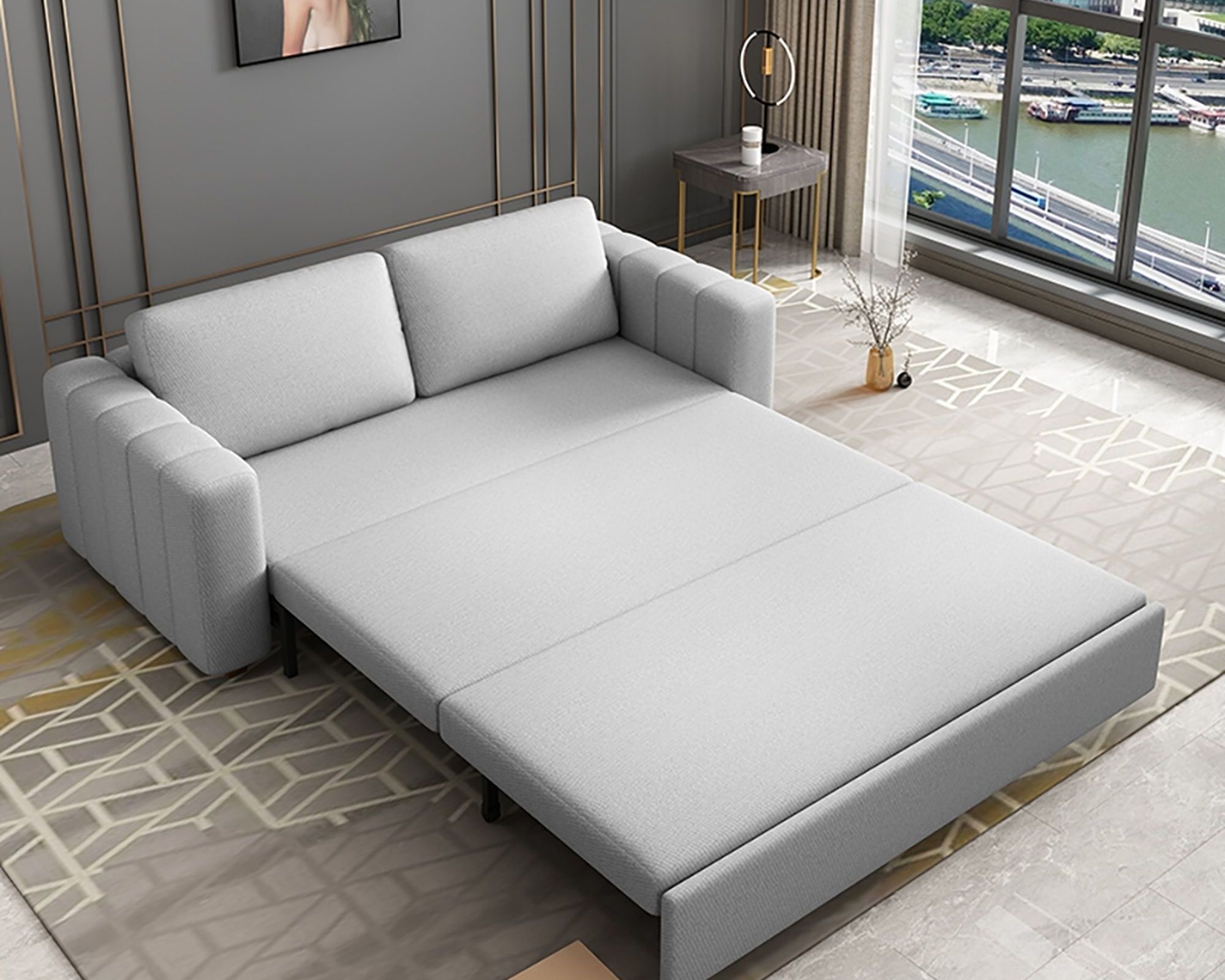 HMR King 3-Seater Convertible Sleeper Sofa with Linen Upholstery - Gray