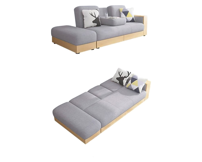 HMR Full Upholstered Bed with Drop Down Table & Storage - Gray, Linen