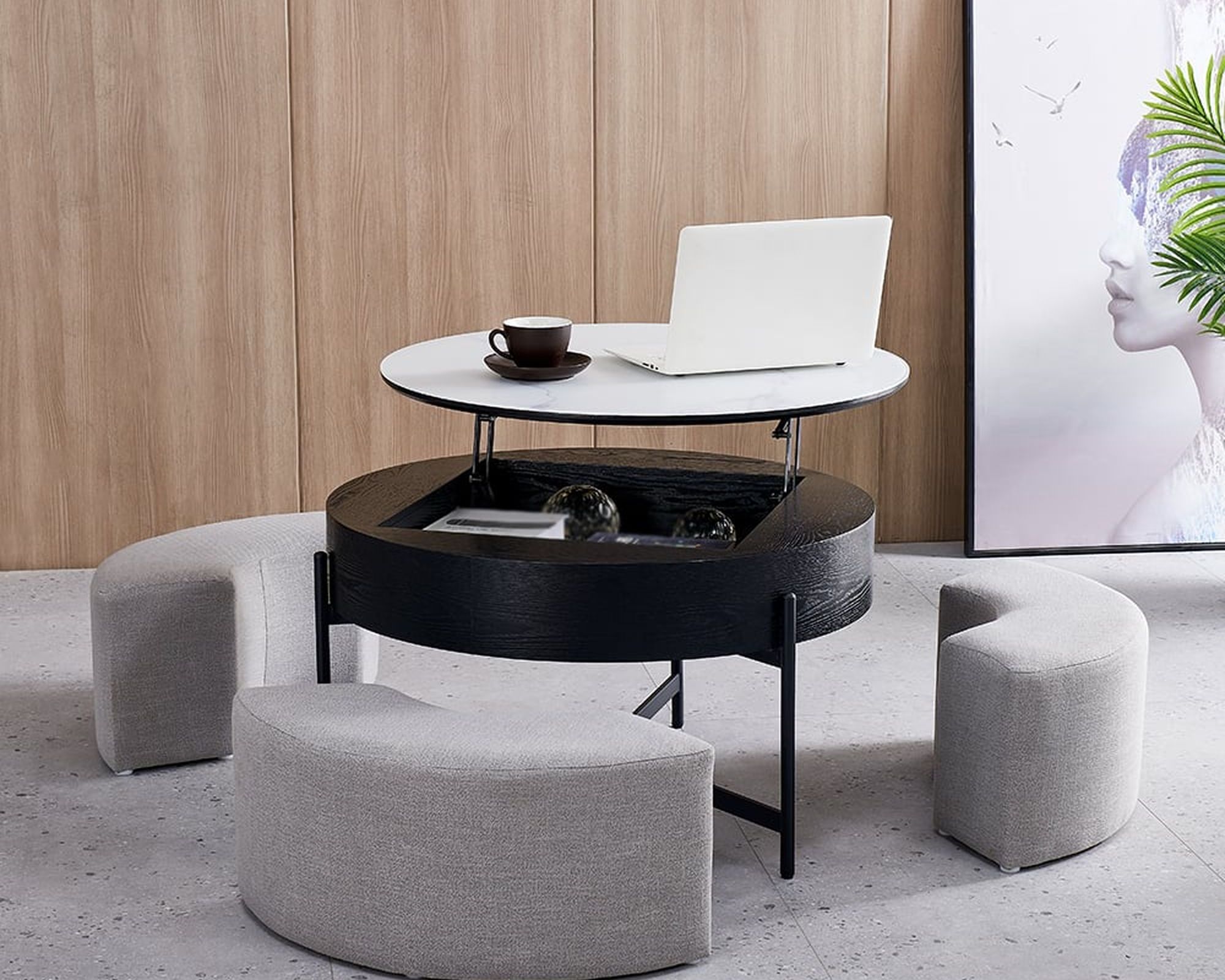 HMR Modern Round Lift-Top Coffee Table with Stools