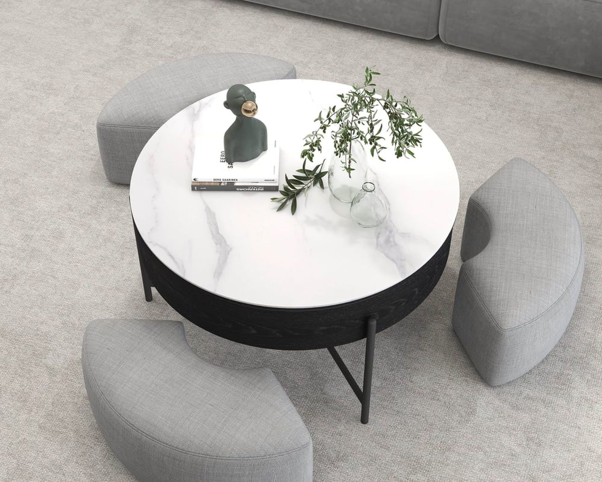 HMR Modern Round Lift-Top Coffee Table with Stools - White/Black