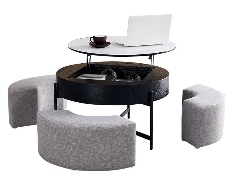 HMR Modern Round Lift-Top Coffee Table with Stools - White/Black