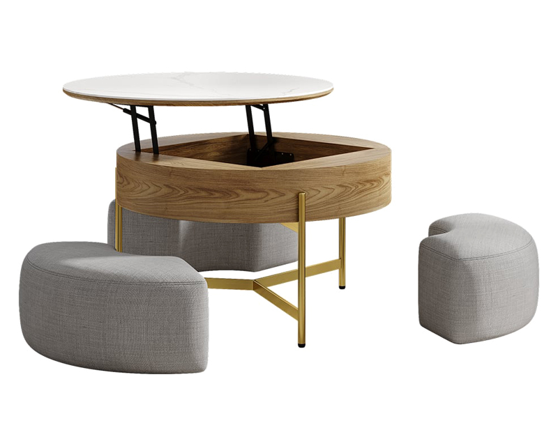 HMR Modern Round Lift-Top Coffee Table with Stools - White/Natural