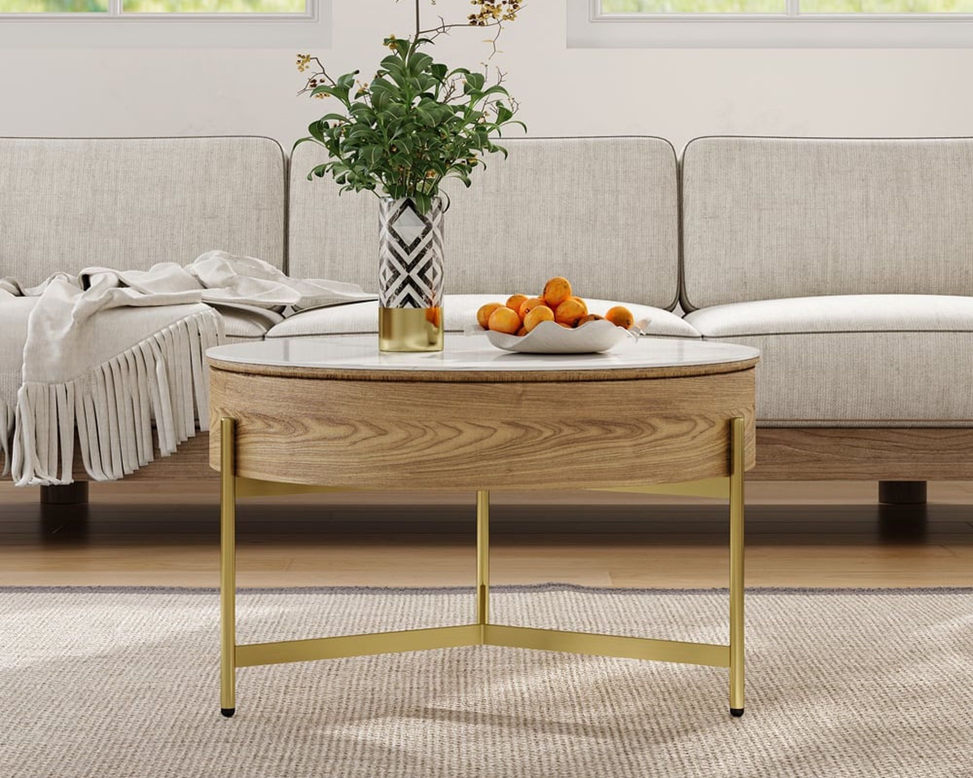 HMR Modern Round Lift-Top Coffee Table without Stools - White/Natural