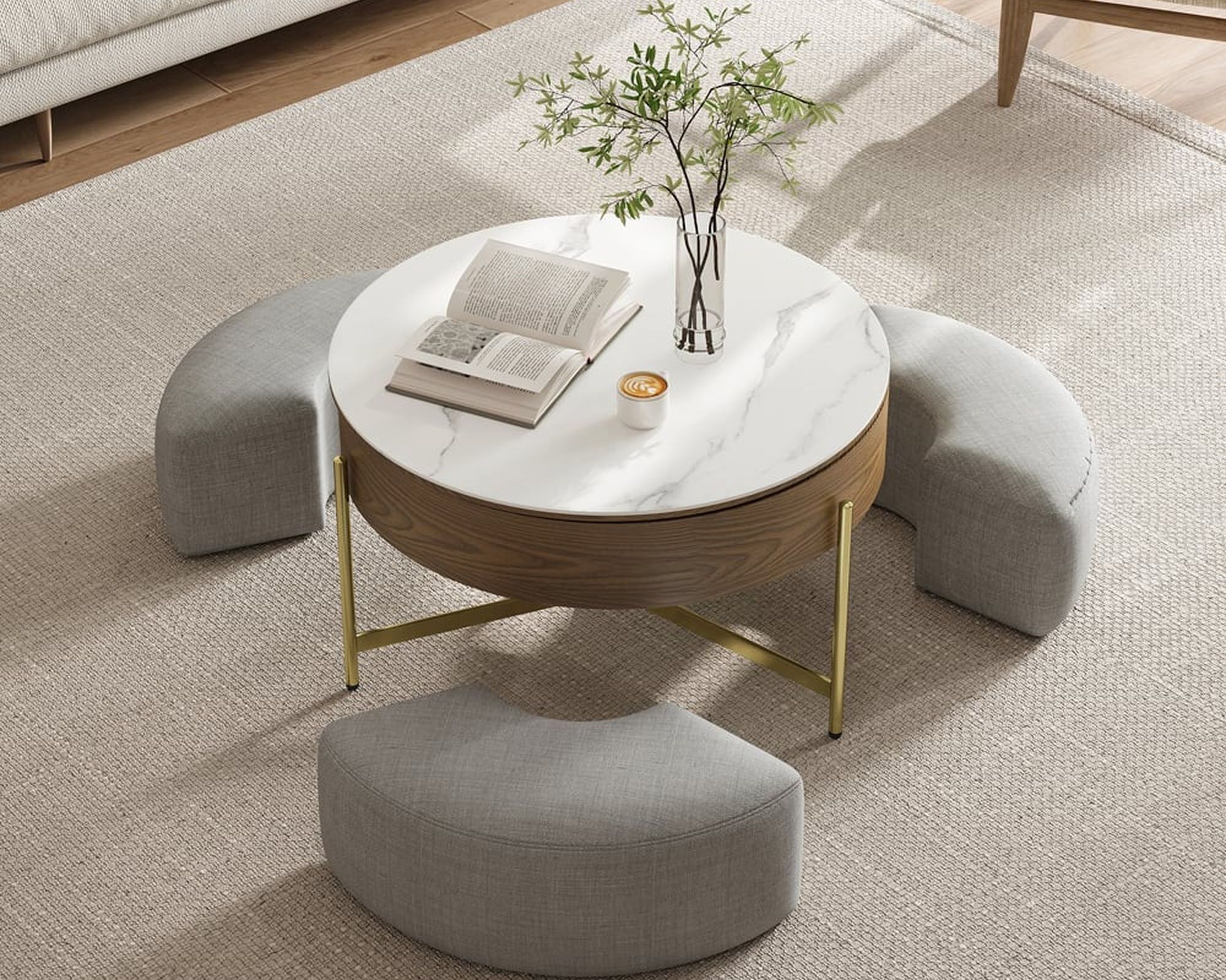 HMR Modern Round Lift-Top Coffee Table with Stools - White/Walnut