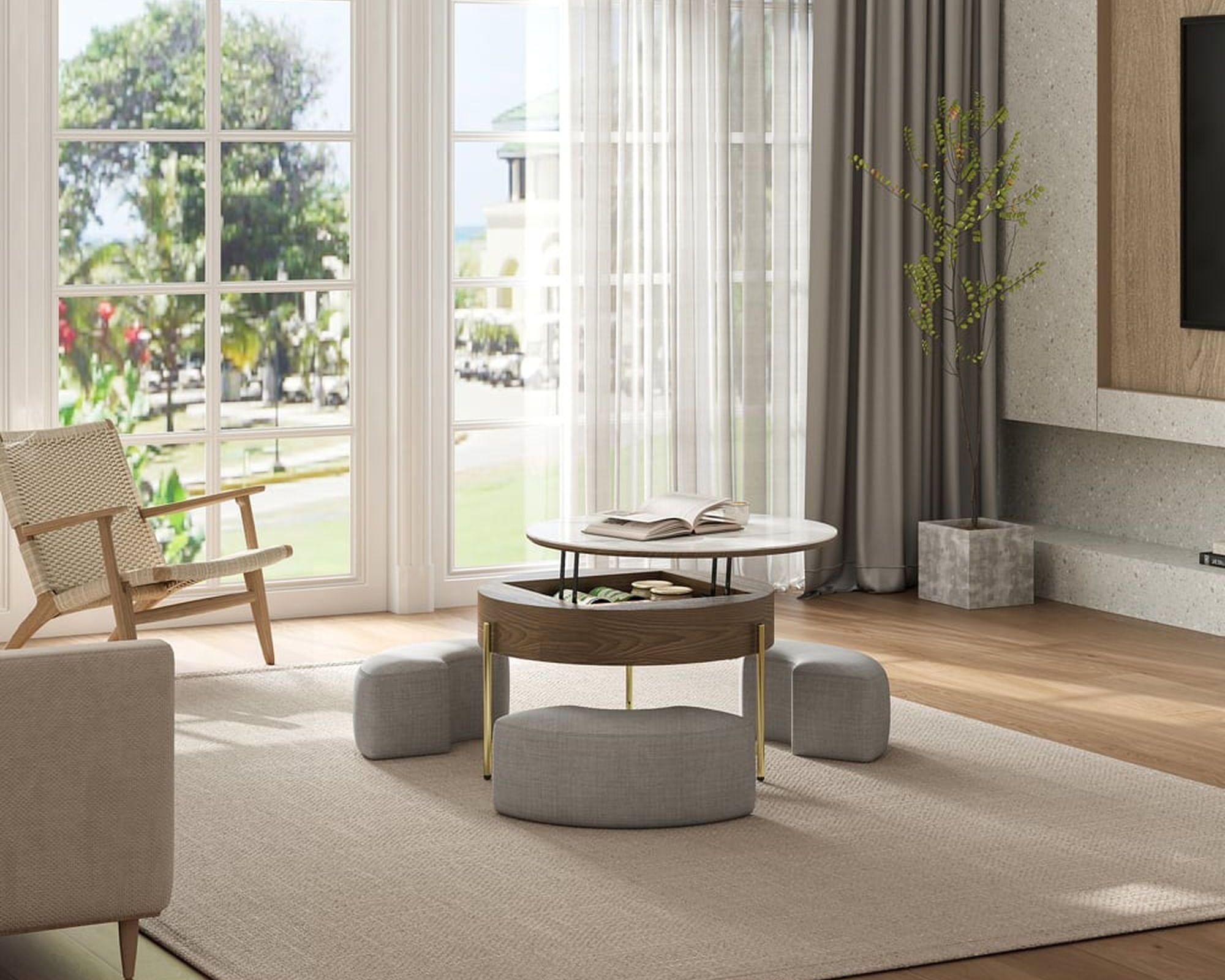 HMR Modern Round Lift-Top Coffee Table with Stools - White/Walnut