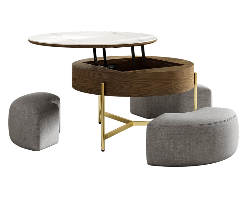 HMR Modern Round Lift-Top Coffee Table with Stools - White/Walnut