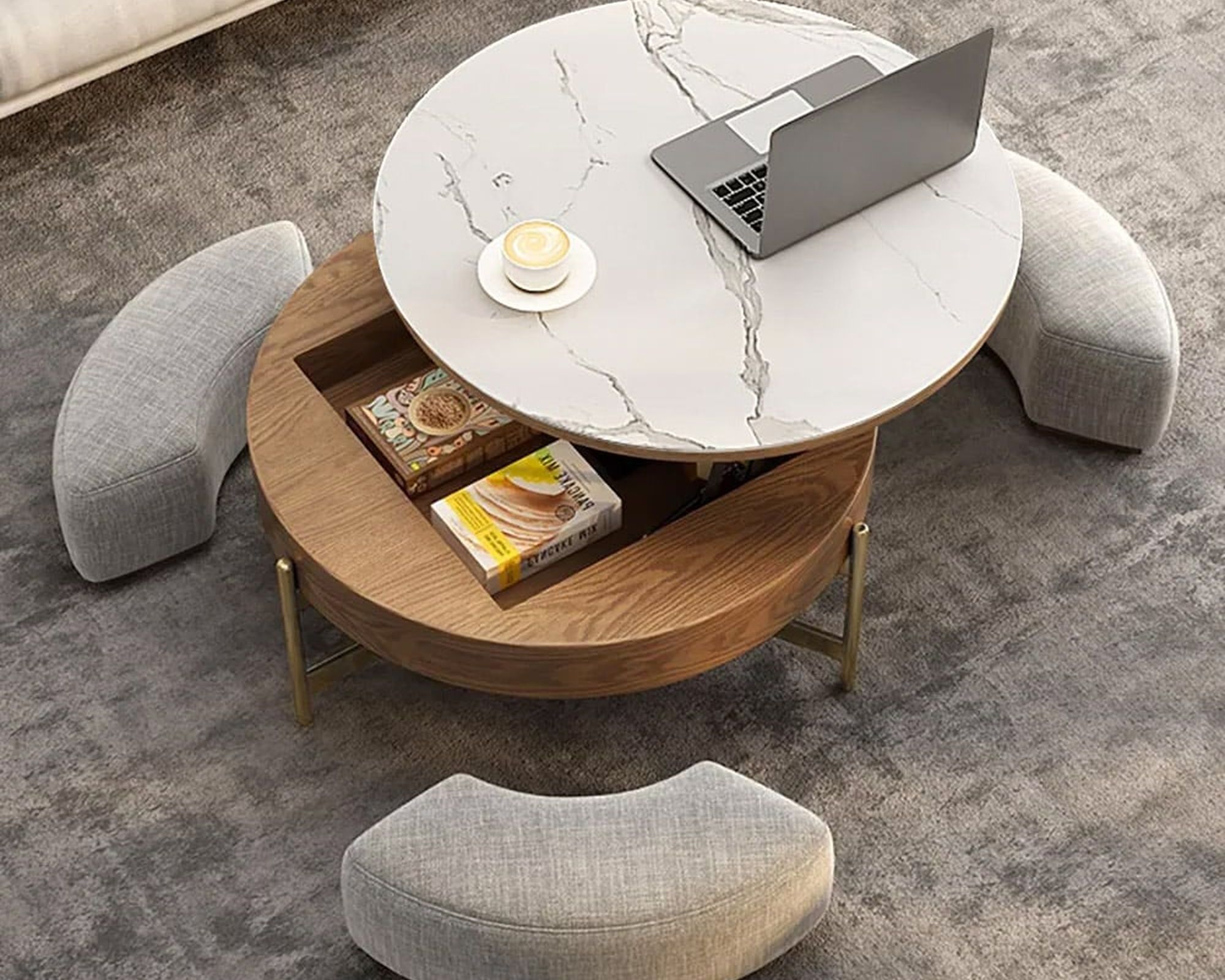 HMR Modern Round Lift-Top Coffee Table with Stools