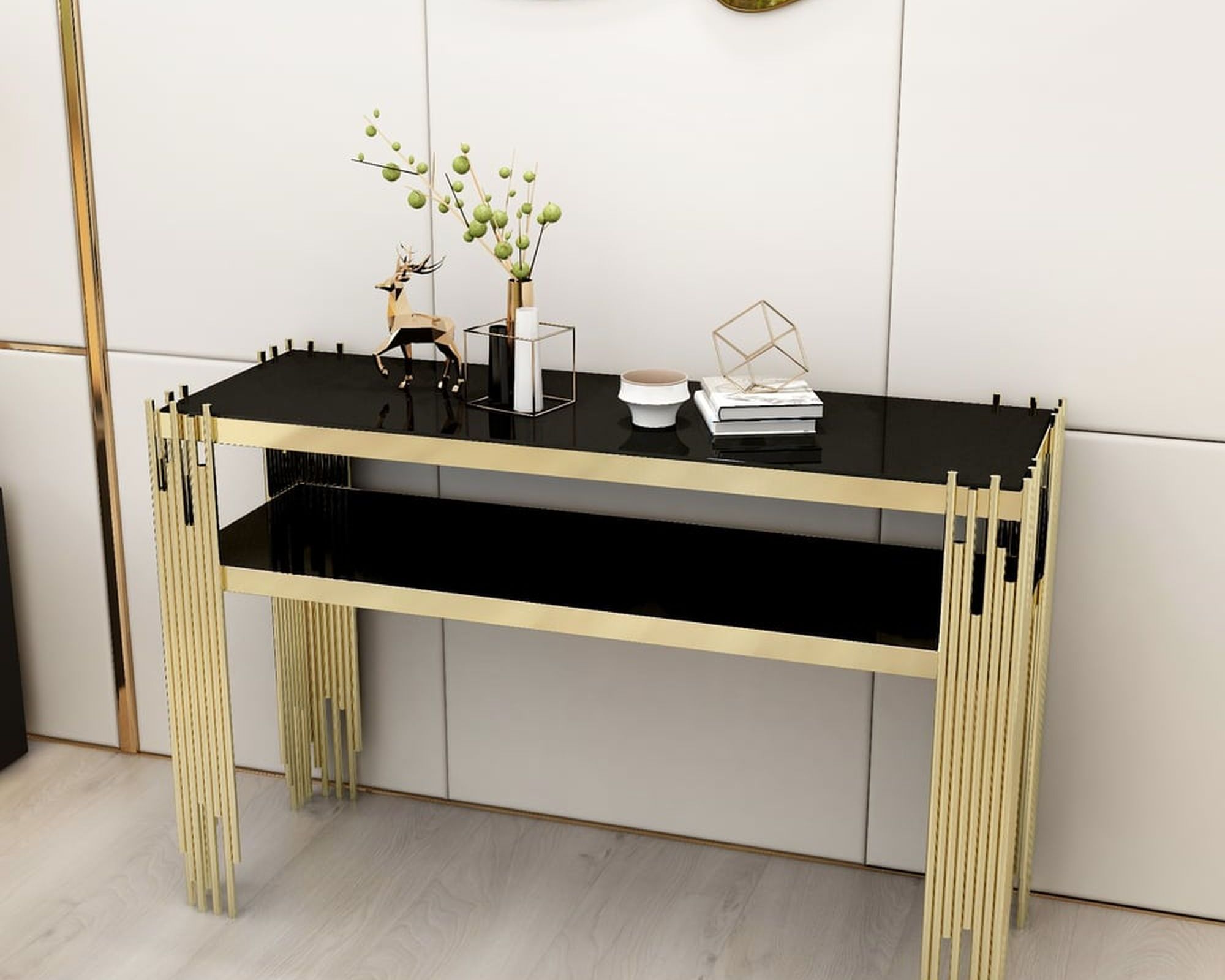 HMR 47.2" Modern Faux Marble Narrow Console Table with Storage Shelf and 4 Gold Legs - Black & Gold