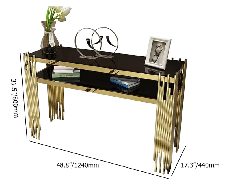 HMR 47.2" Modern Faux Marble Narrow Console Table with Storage Shelf and 4 Gold Legs - Black & Gold