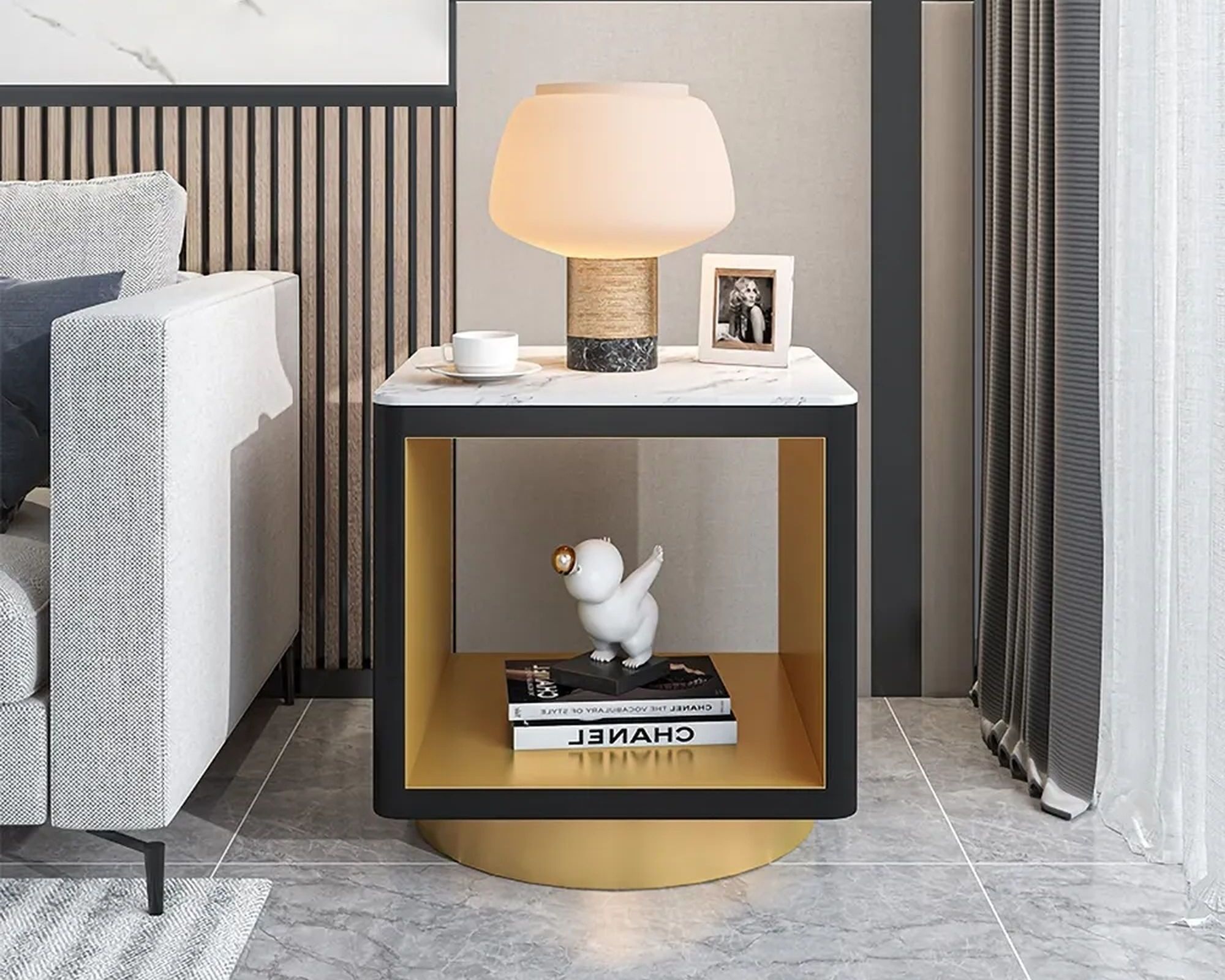 HMR Modern Side Table with Storage Hollow Cube - White