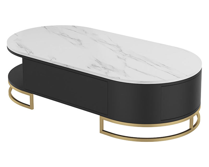 HMR - Oval Storage Coffee Table with Drawers Sintered Stone Gold Base in White