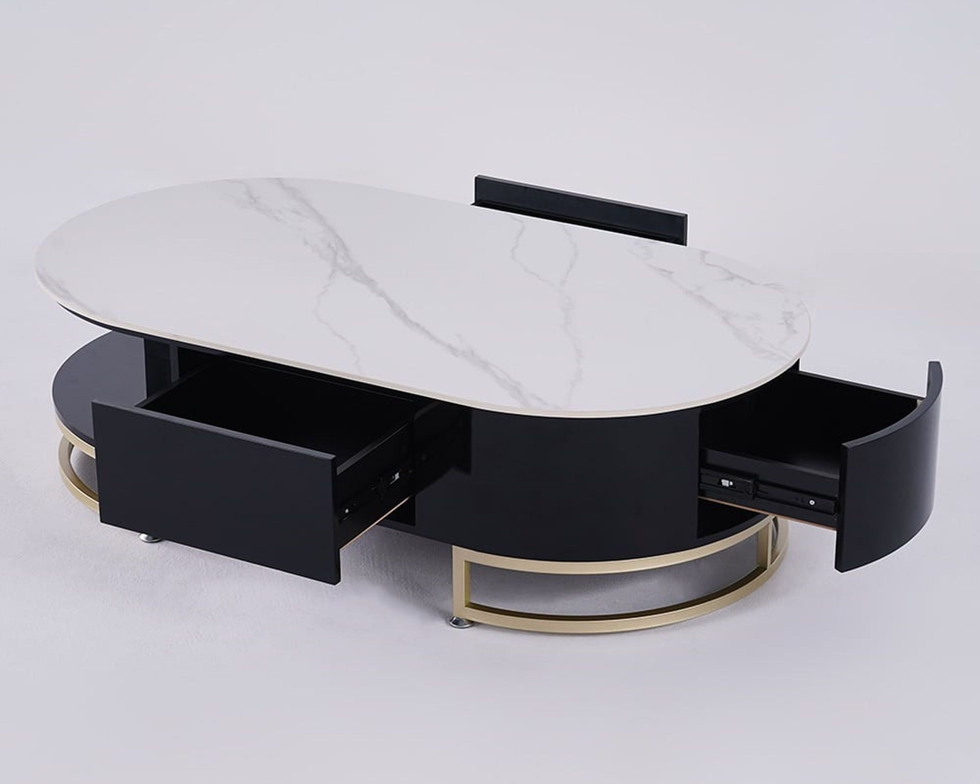 HMR - Oval Storage Coffee Table with Drawers Sintered Stone Gold Base in White