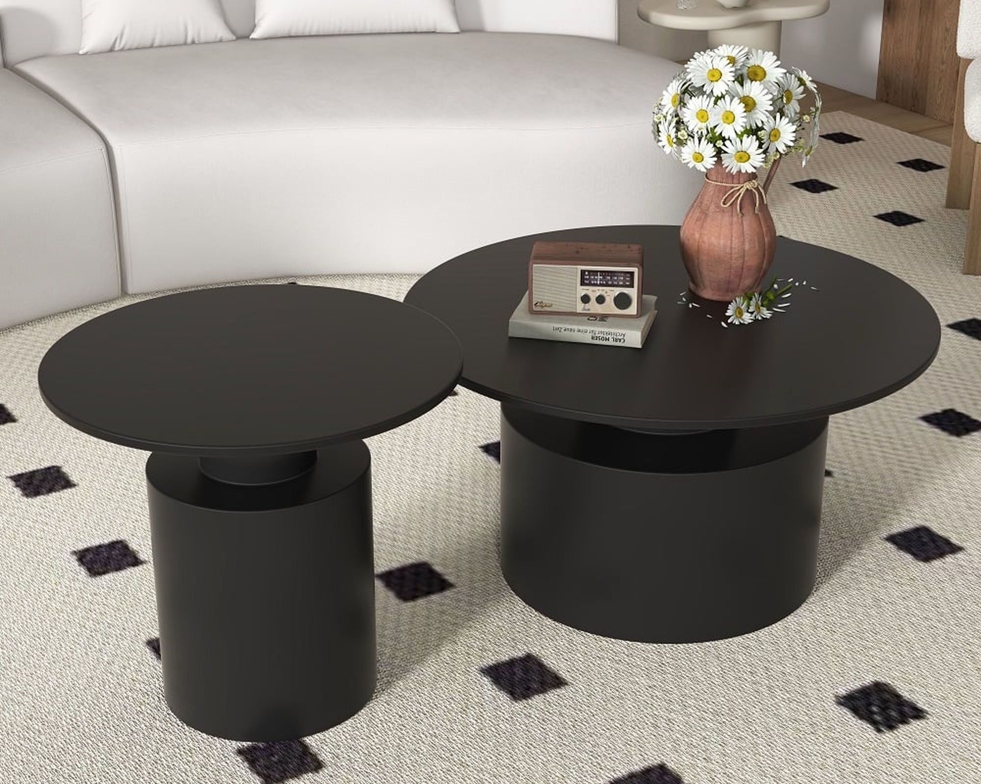 HMR - Round Metal Coffee Table Set of 2 in Black