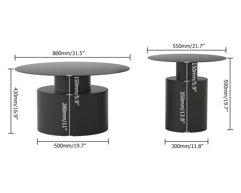 HMR - Round Metal Coffee Table Set of 2 in Black